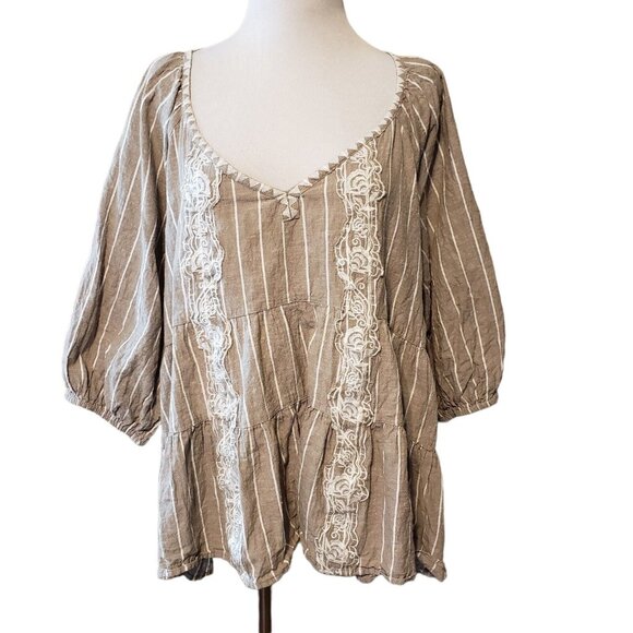 Melissa Paige Boho Floral Embroidered Linen blend tiered top size L - Picture 1 of 16
